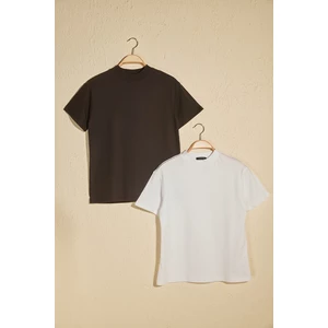 Trendyol White and Black Stand-Up Collar 2-Pack Basic Knitted T-Shirt