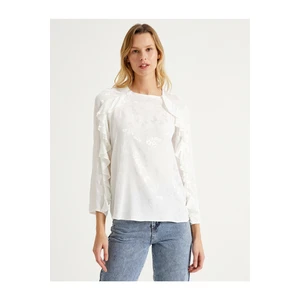 Koton Women's White Crew Neck Long Sleeve Ruffle Detailed Patterned Blouse