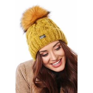 Mustard winter hat with glittering thread with braids