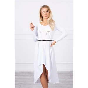 Dress with a decorative belt and an inscription white