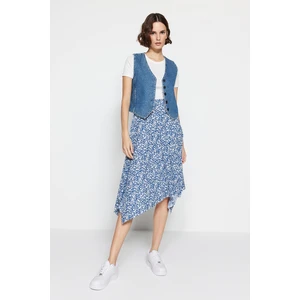 Trendyol Indigo Patterned Ruffle Asymmetrical High Waist Midi Stretch Knit Skirt