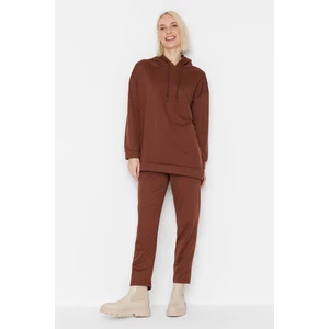 Trendyol Brown Basic Hoodie and Knitted Tracksuit Set