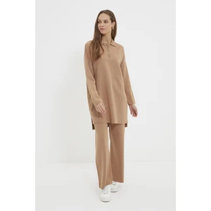 Trendyol Camel Polo Neck Tunic-Pants Knitwear Set