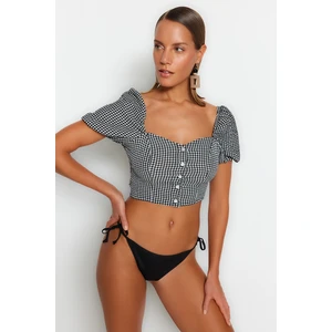 Trendyol Black Gingham Textured Crop Woven Balloon Sleeves Blouse