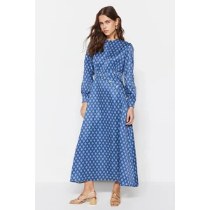 Trendyol Dark Navy Blue Patterned Button Detailed Satin Woven Dress