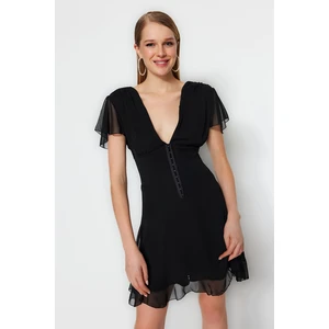 Trendyol Black Chiffon Evening Dress with Open Waist/Skater Lined Agraphy Evening Dress