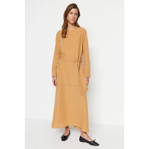 Trendyol Camel Belted Stitching Detail Wide Cuffed Woven Dress