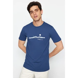 Trendyol Indigo Men's Slim Crew Neck Short Sleeve Text Printed 100% Cotton T-Shirt.