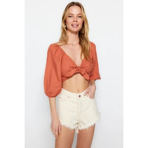 Trendyol Tile Crop Woven Tie 100% Cotton Blouse