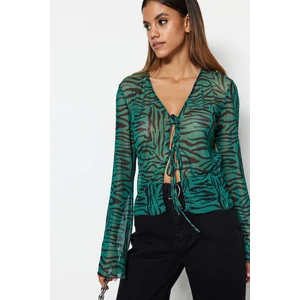 Trendyol Green Animal Patterned Lace-up Detailed Tulle Stretch Knitted Blouse