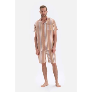 Dagi Brown Striped Shirt Collar Shorts Woven Pajamas Set