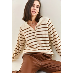 Bianco Lucci Women's Button-down Collar Turtleneck Striped Knitwear Sweater