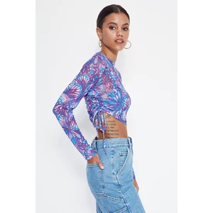 Trendyol Purple Butterfly Printed Shirring Detailed Crew Neck Basic Crop Stretchy Tulle Knitted Blouse
