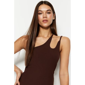 Trendyol Brown One-Shoulder Fitted/Plastic Ribbed Stretch Knit Blouse