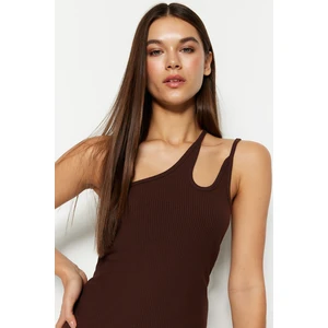 Trendyol Brown One-Shoulder Fitted/Plastic Ribbed Stretch Knit Blouse