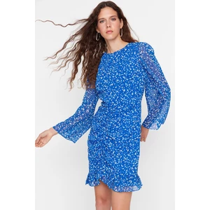 Trendyol Limited Edition Blue Mini Weave Chiffon Floral Dress with Pleats