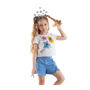 Mushi Gozler Girl Child White Crop Top T-shirt with Blue Shorts Summer Suit.
