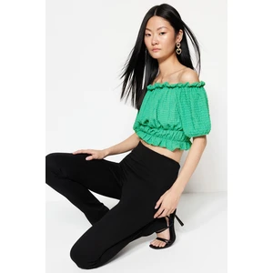 Trendyol Green Carmen Collar Crepe Crop Knitted Blouse