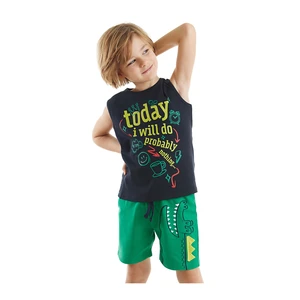 Denokids Today Boys' Navy Blue Sleeveless T-shirt with Green Shorts Summer Suit.