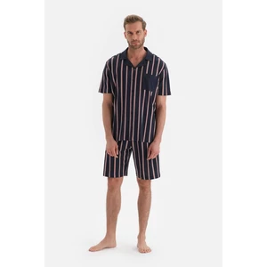 Dagi Navy Blue Shirt Collar Striped Short Sleeved Shorts Knitted Pajamas Set