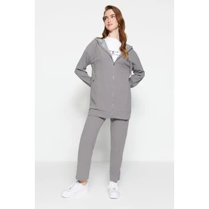 Trendyol Gray Hooded and Zippered Knitted Tracksuit Set