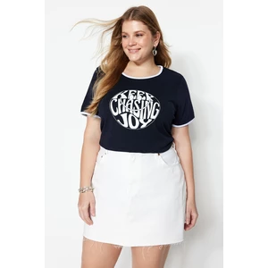 Trendyol Curve Navy Blue Printed Short Knitted T-shirt