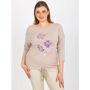 Lady's blouse plus size with 3/4 sleeves and print - beige