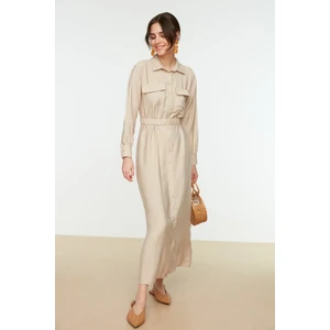 Trendyol Beige Waist Elastic Belted Pocket Detailed Dress