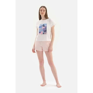 Dagi White Bis Collar Printed Knitted Shorts Pajamas Set