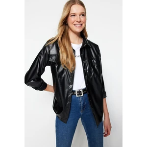 Trendyol Black Comfortable Cut Faux Leather Shirt with Pocket