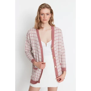 Trendyol Dried Rose Oversize Pocket Tweed Look Knitwear Cardigan