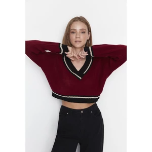 Trendyol Claret Red Crop V-Neck Knitwear Sweater