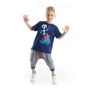 Mushi Wave Surfing Boys Children's Navy Blue T-shirt with Striped Capri Shorts Set