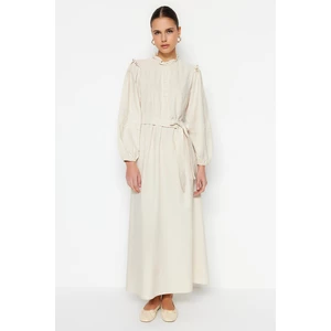Trendyol Cream Belted Guipure and Frill Detail, Linen-Mixed Woven Dress