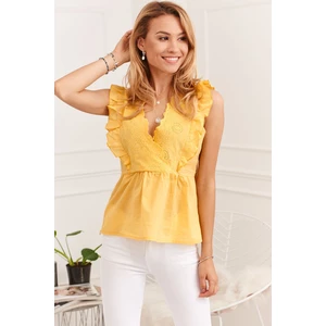 Yellow lady's summer blouse with embroidered front