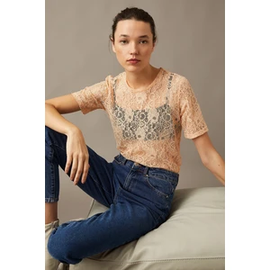 Koton Crew Neck Short Sleeve Lace Blouse