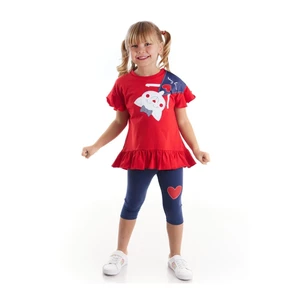 Denokids With a Naughty Cat Heart Girl Child's Red T-shirt, Navy Blue Leggings Set.