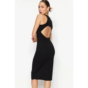 Trendyol Black Halterneck Knitted Midi Dress with Plunging Neck, Fitted Ribbon, Flexible