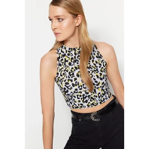Trendyol Purple Animal Printed Halter Neck Fitted/Situated Crop Flexible Knitted Blouse