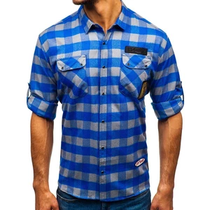 Modro-šedá pánská flanelová košile s dlouhým rukávem Bolf 2503