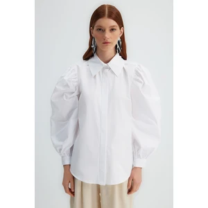 Trendyol X Kevser Sarıoğlu White Big Collar Balloon Sleeve 100% Cotton Poplin Woven Shirt