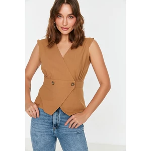 Trendyol Light Brown Woven Bone Button Detailed Double Breasted Blouse