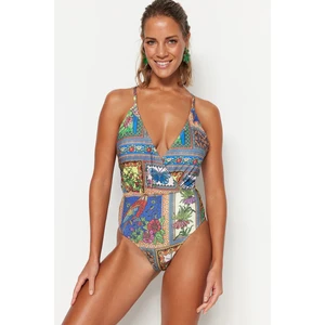 Trendyol Tropical Patterned Double Breasted Regular Leg Swimsuit