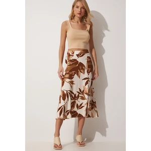 Happiness İstanbul Women's Brown Cream Patterned Slit Knitted Summer Skirt