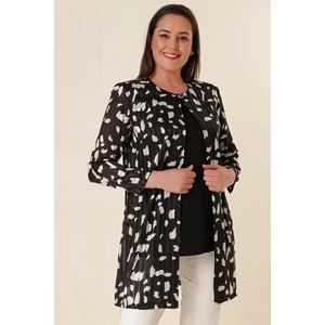 By Saygı Zero Sleeve Lycra Undershirt Satin Striped Patterned Chiffon Jacket Plus Size 2 Set Black