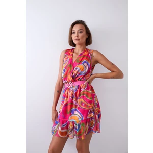 Bright, patterned dress with belt, pink and dark blue