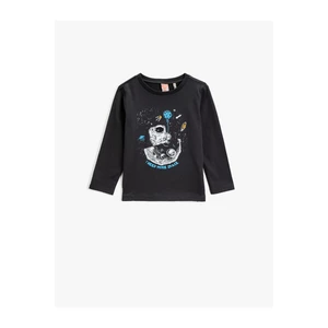 Koton Boy's Anthracite Space Printed Long Sleeved T-Shirt Cotton