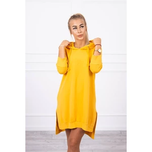 Dress with a hood and longer back mustard