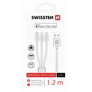 Datový kabel Swissten textile 3in1, MFi, 1,2m, stříbrný