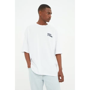 Trendyol White Men's Oversize Fit Crew Neck Short Sleeve Printed T-Shirt